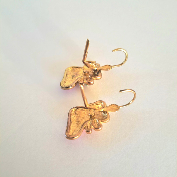 VINTAGE ENAMEL CHRISTMAS STOCKINGS EARRINGS TINY PERIDOT COLOR STONES HOLIDAY - Picture 2 of 2